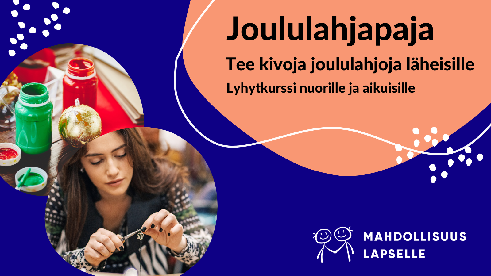 Joululahjapaja - Ilahduta läheistäsi itsetekemälläsi lahjalla. Joululahjapaja on lyhytkurssi nuorille ja nuorille aikuisille. Tule tekemään kivoja joululahjoja ystävillesi ja läheisillesi.