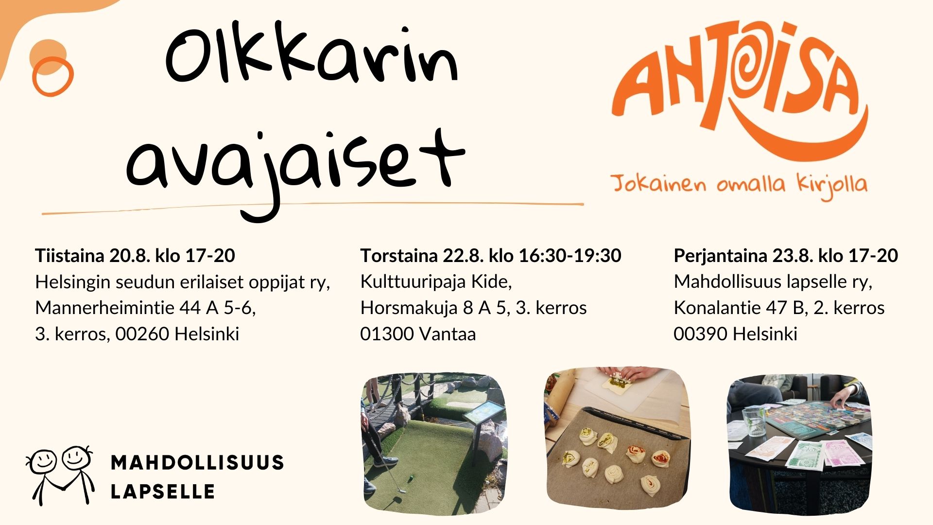 Tule mukaan Olkkarin avajaisiin! ANTOISA-hankkeen Olkkarissa vietetään avajaisviikkoa! Viikon jokaisessa Olkkarissa, tiistaina, torstaina ja perjantaina vietetään avajaisbileitä 20.-23.8.2024.