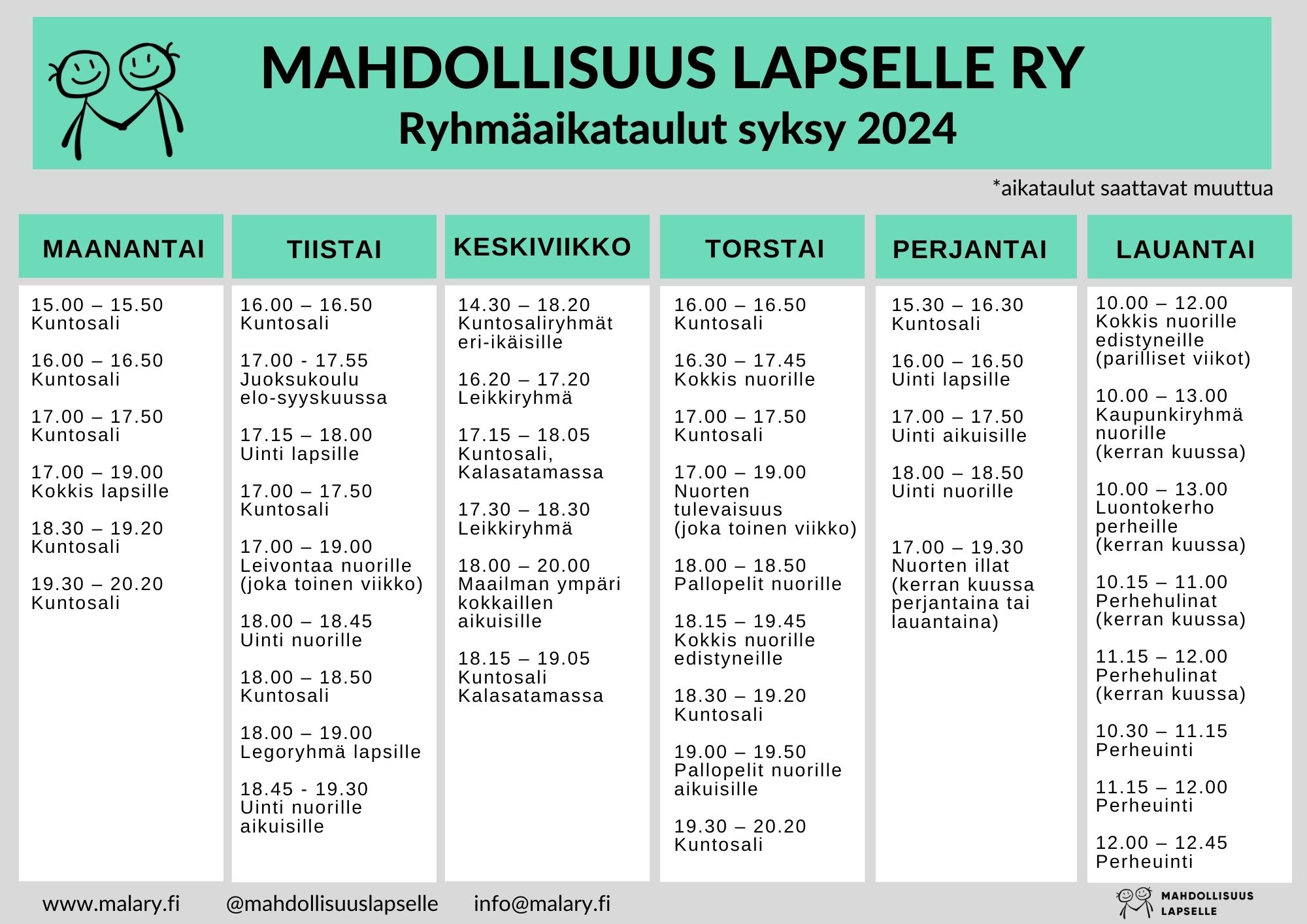 Mahdollisuus lapselle ry:n harrastusten viikkoaikataulu syksy 2024.