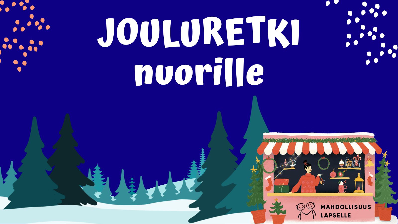 Jouluretki nuorille Tuomaan markkinoille ja Suomenlinnaan 7.12. Ilmoittaudu pian mukaan! Kuvassa talvisia kuusia ja markkinakoju.