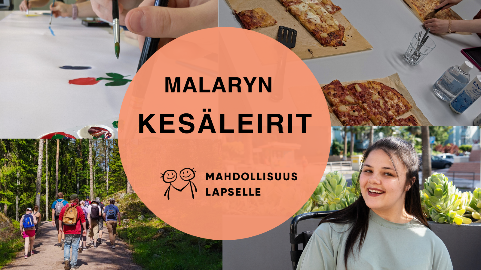 Malaryn kesäleirit erityistä tukea tarvitseville. Kavereita ja kivaa tekemistä. Oranssissa pyörylässä teksti ja Mahdollisuus lapselle ry:n logo. Valokuvissa taustalla kesäisiä puuhia ja maisemia.